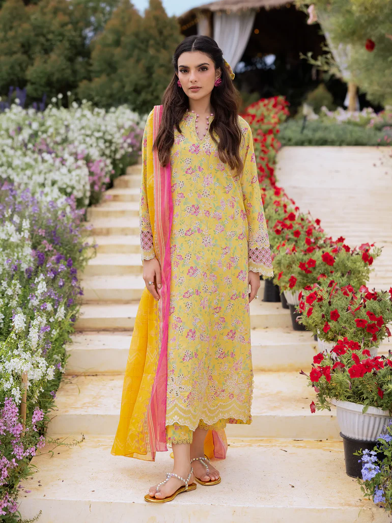 Unstitched Yellow Embroidered Lawn 3 Piece