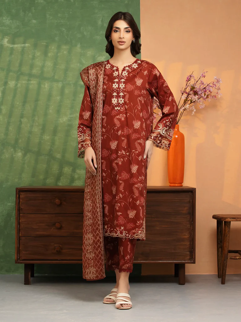 Unstitched Rust Embroidered Lawn 3 Piece