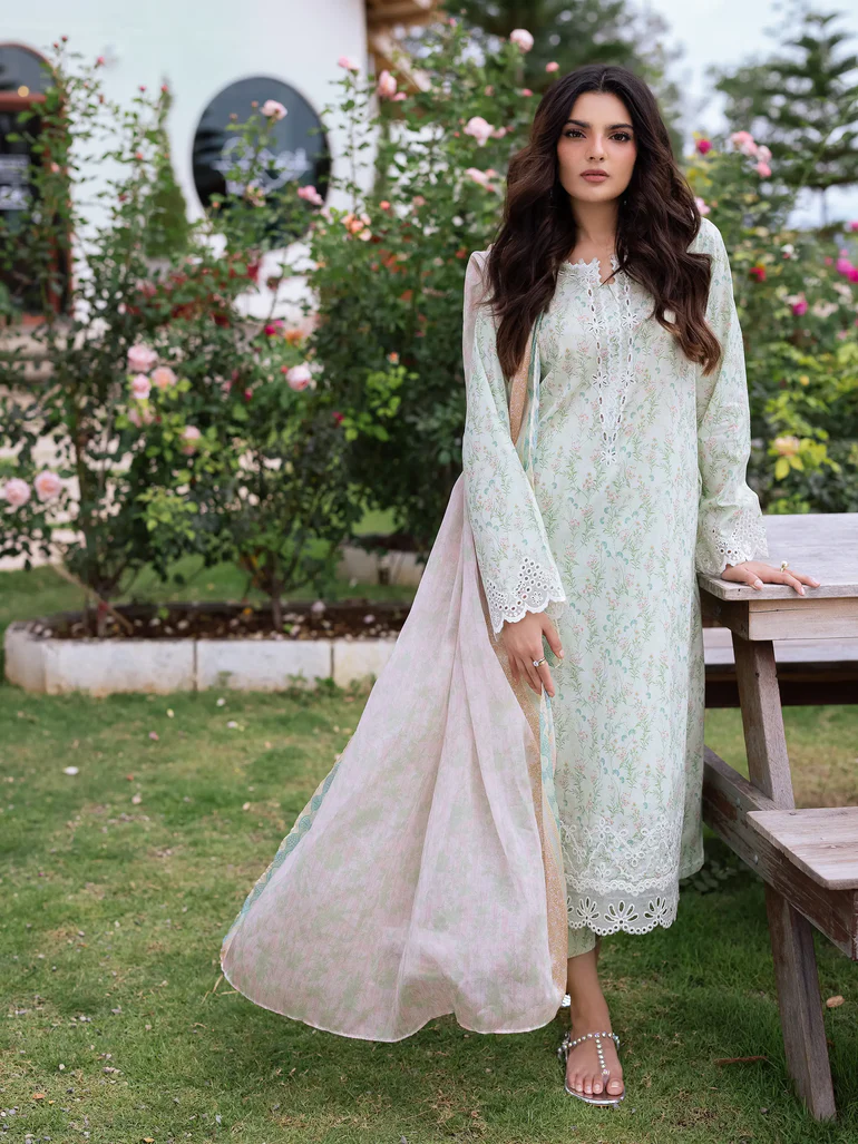 Unstitched Light Green Embroidered Lawn 3 Piece