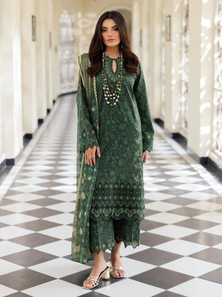 Unstitched Dark Green Embroidered Lawn 3 Piece