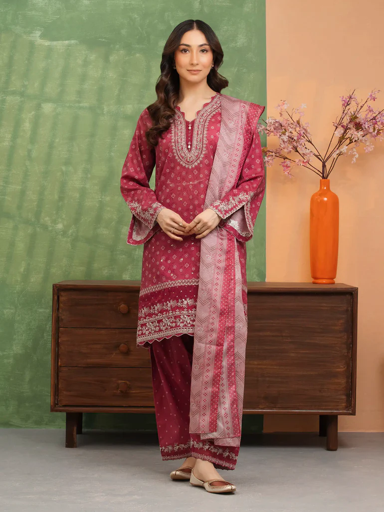 Unstitched Deep Pink Embroidered Lawn 3 Piece