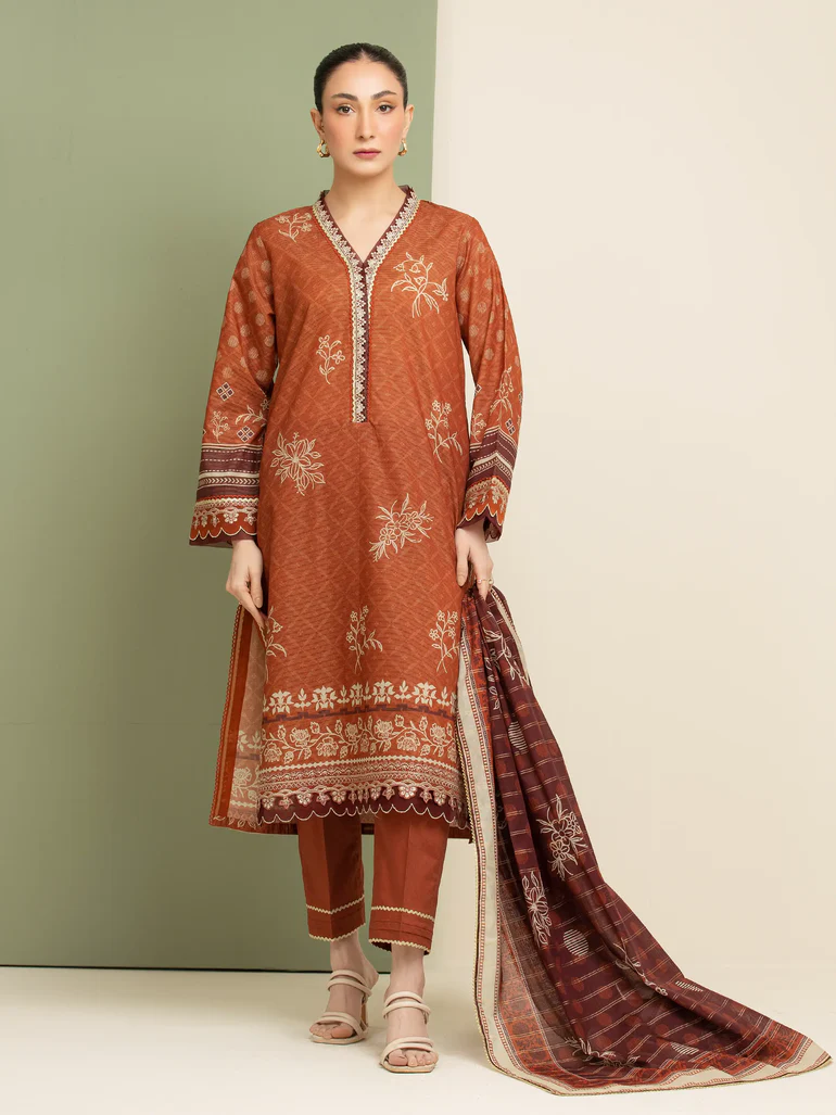 Unstitched Rust Embroidered Zari Lawn 3 Piece