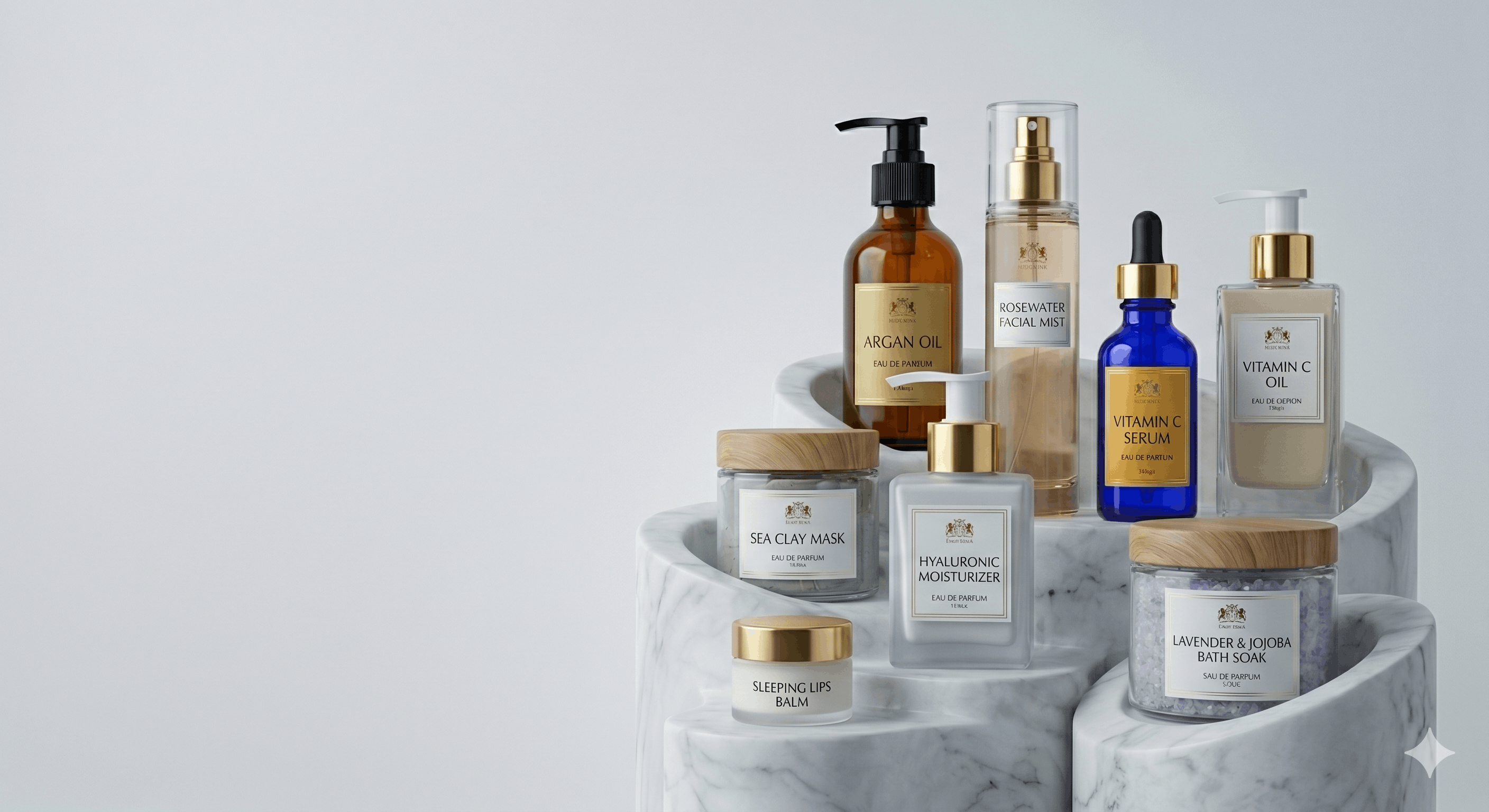 Maison Air skincare collection on marble pedestals