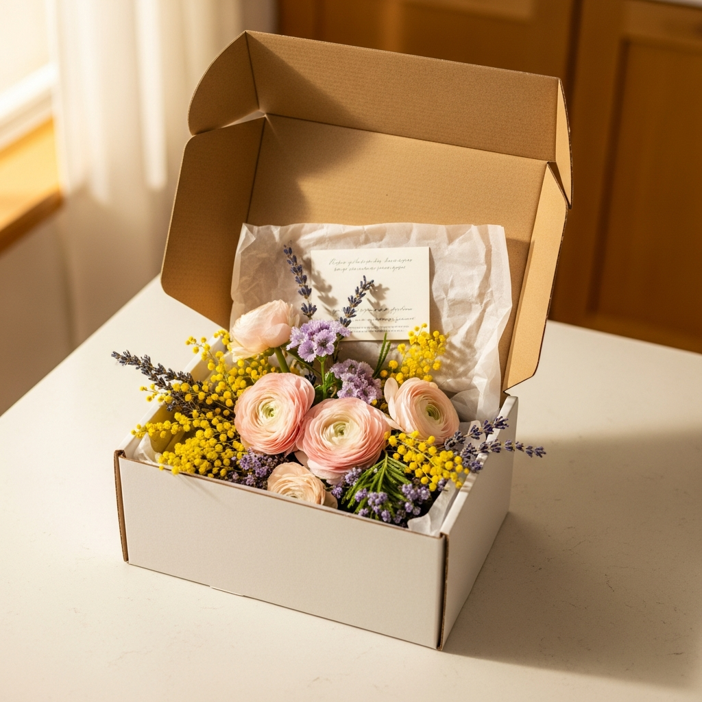 A weekly flower subscription bouquet on a kitchen table