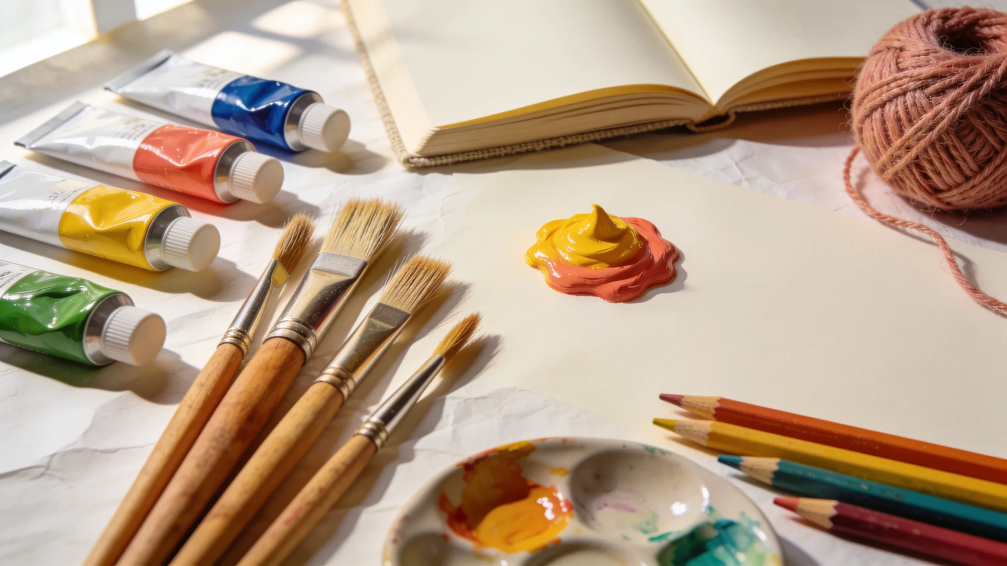Creative flat-lay of paints, brushes and sketchbooks