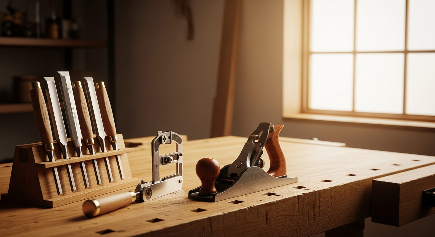 Premium hand tools on craftsman's workbench