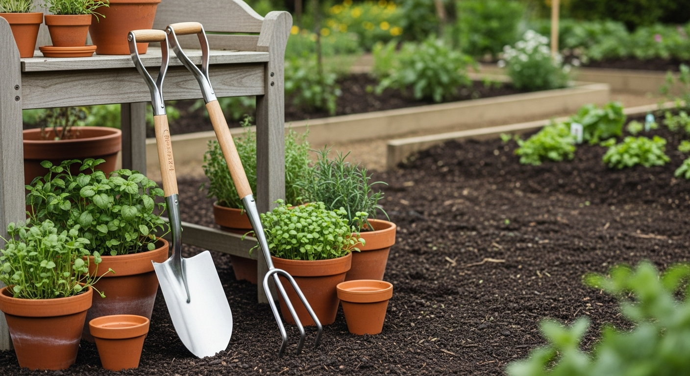 Premium garden tools in a lush setting
