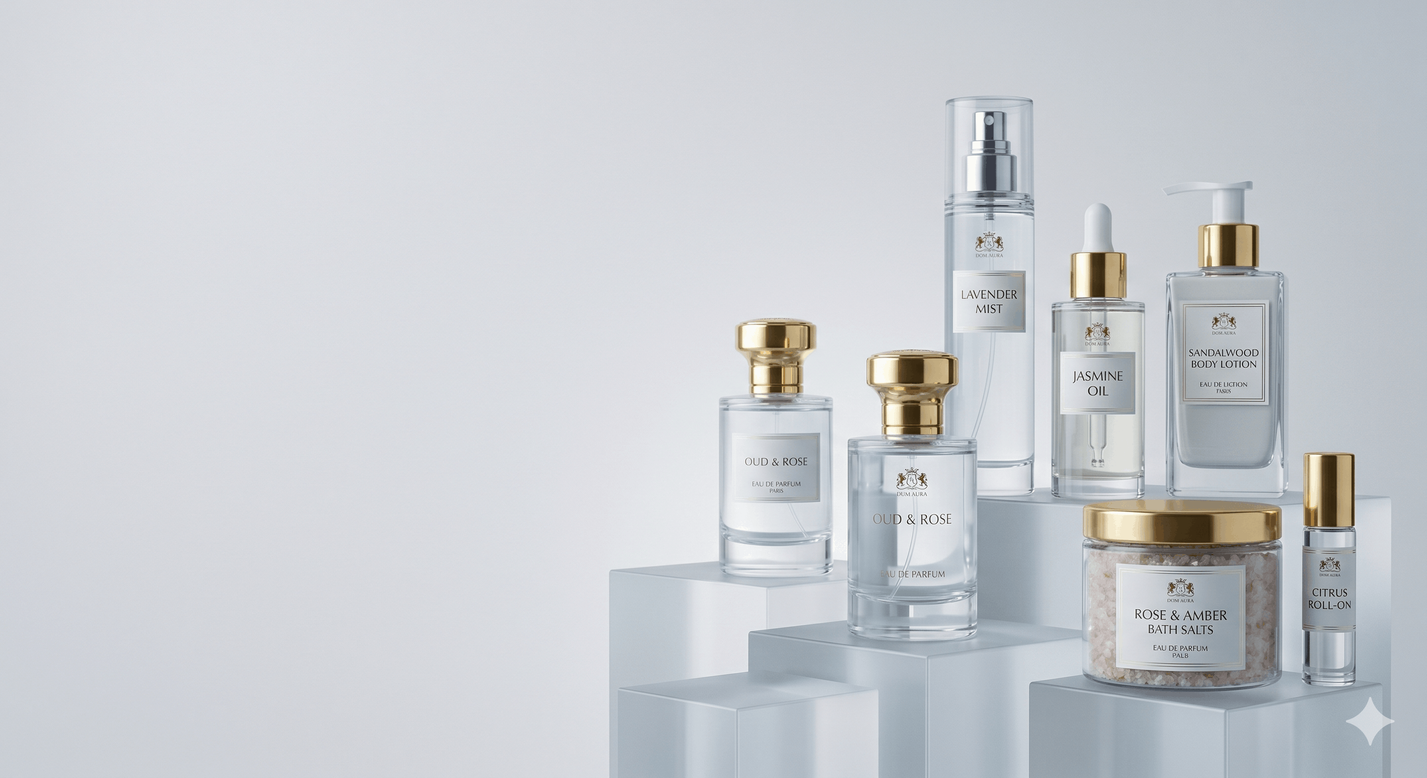 Maison Air pure fragrance essentials on frosted glass blocks