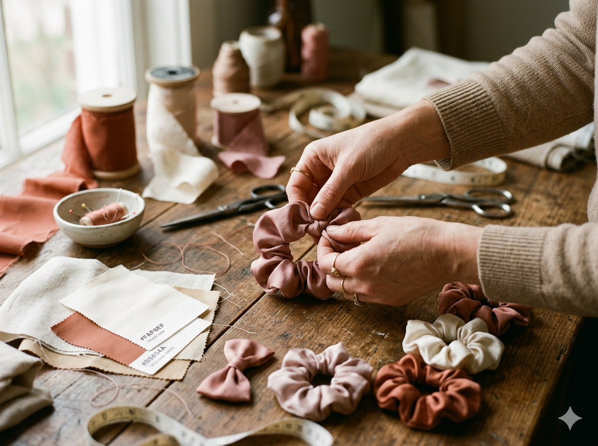 Hands crafting a handmade silk hair scrunchie at an artisan worktable